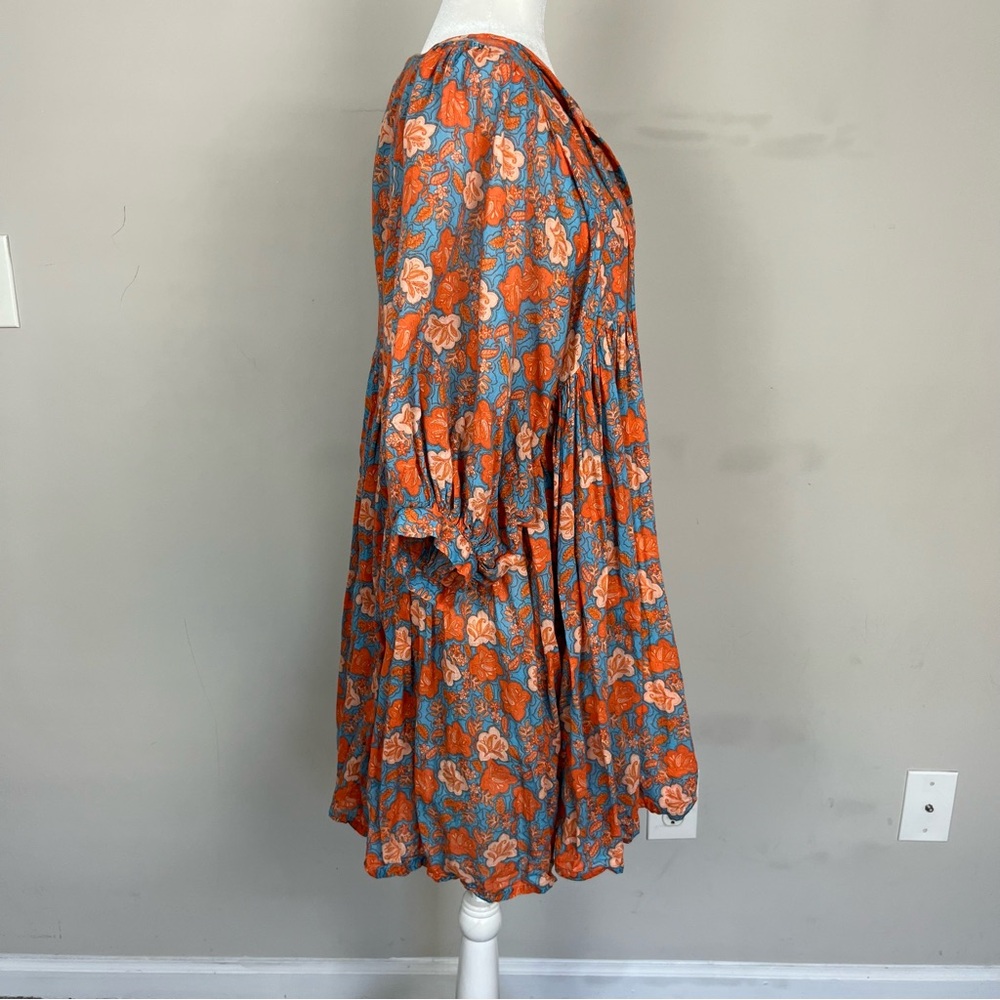 SUNDRY FLORAL MINI SHIFT DRESS SIZE 2 (MEDIUM) SLEEVES ORANGE AND BLUE - Picture 10 of 16